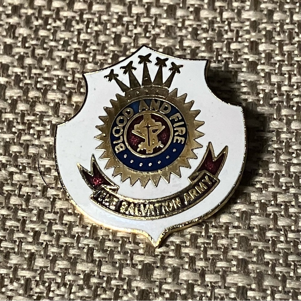 Vintage White Enamel Salvation Army Blood and Fire Pin Pinback Brooch Badge